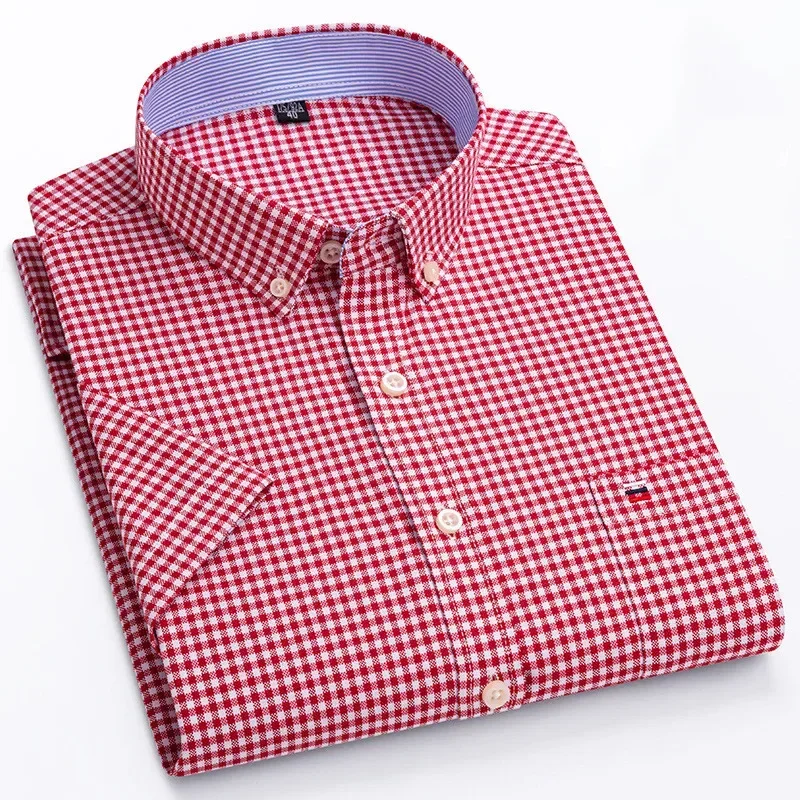 2023 Summer New Men's Short Sleeve Square Neck Plaid Stripe All Cotton Oxford Textile Business Casual Single Pocket Shirt S~7XL