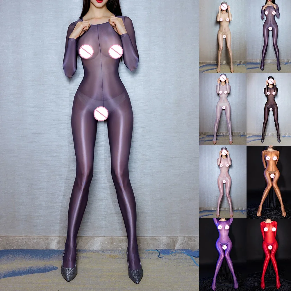 

Women Sexy Lingerie Shiny Silky Stockings Ladies See Through Tight Bodysuit Full Body Jumpsuit Transparent