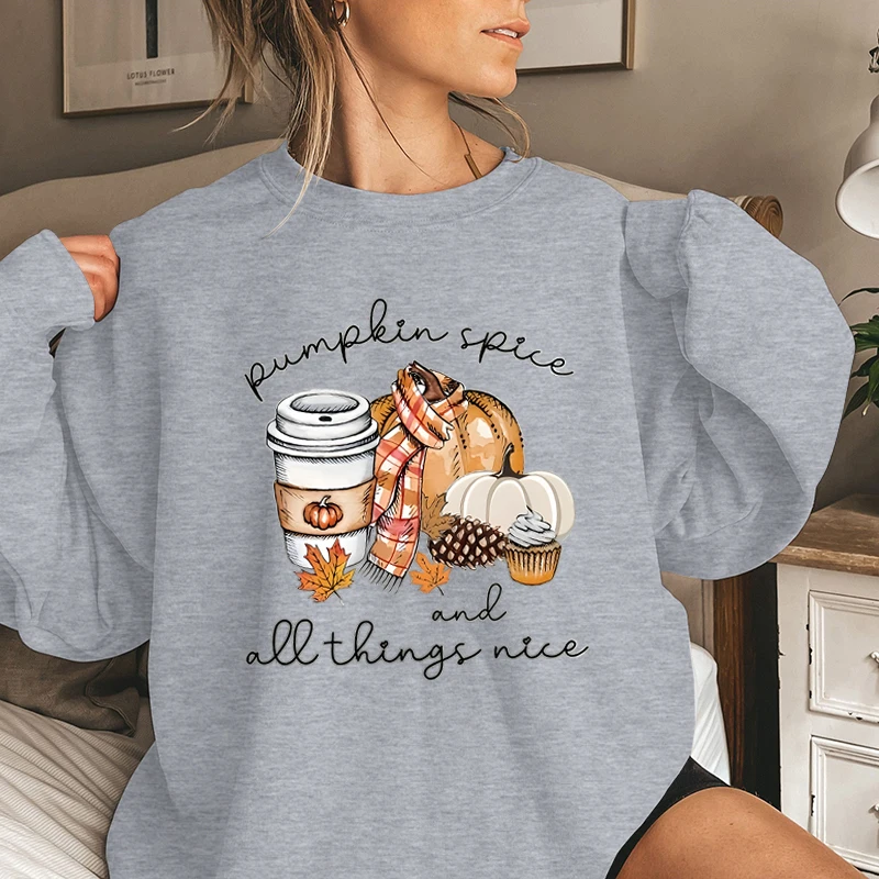 Pumpkin Spice And All Things Nice Print Sweatshirt Casual Long Sleeve Crew Neck Pullovers For Fall & Winter Women\'s Clothing