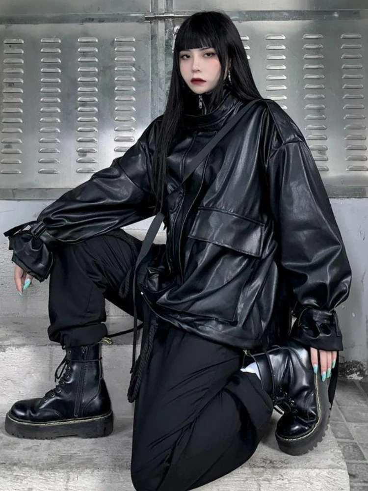 Blouson femme similicuir noir, mode coréenne, Streetwear, motard, Chic, ample, Moto, automne été 2022