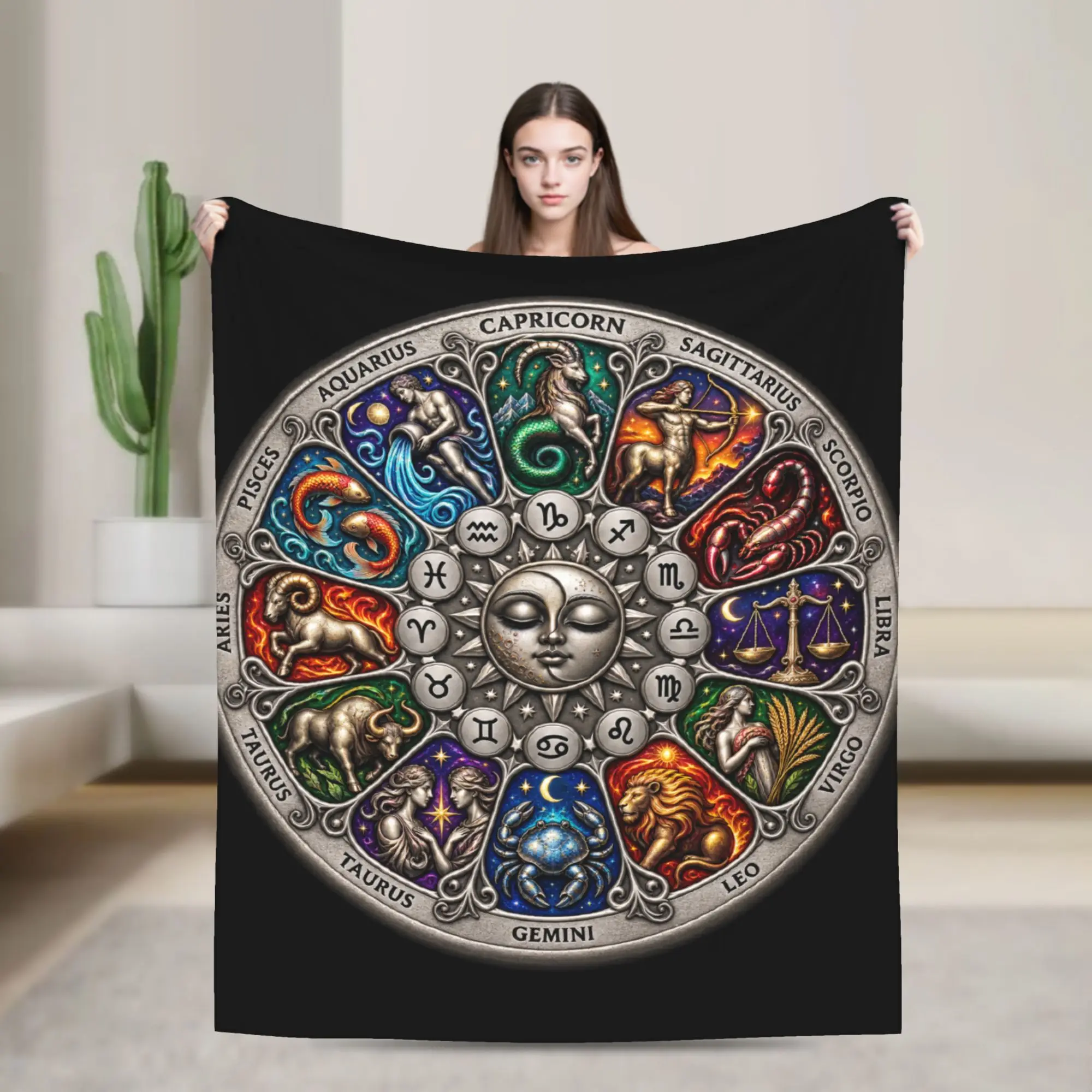12 Zodiac Wheel Astrology Sun Moon Astrology Lovers Blanket Warm Plush Throw Blanket For Bedroom Flannel Bedspread Bed Cover