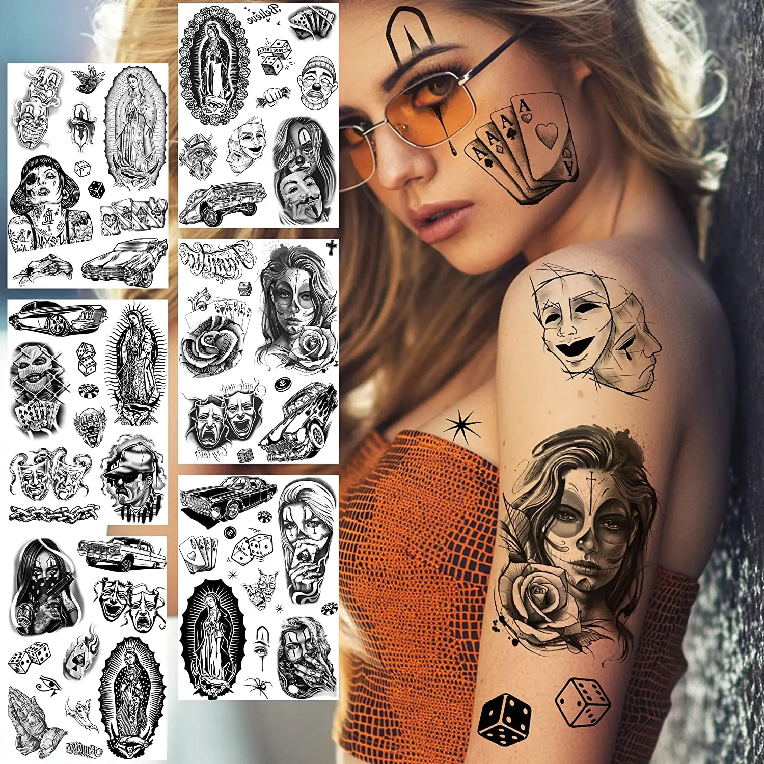 6 Sheets Large Chicano Temporary Tattoos For Men Women Adult Guadalupe Gangster Fake Tatoos Halloween Decoration Tattoo Mexico