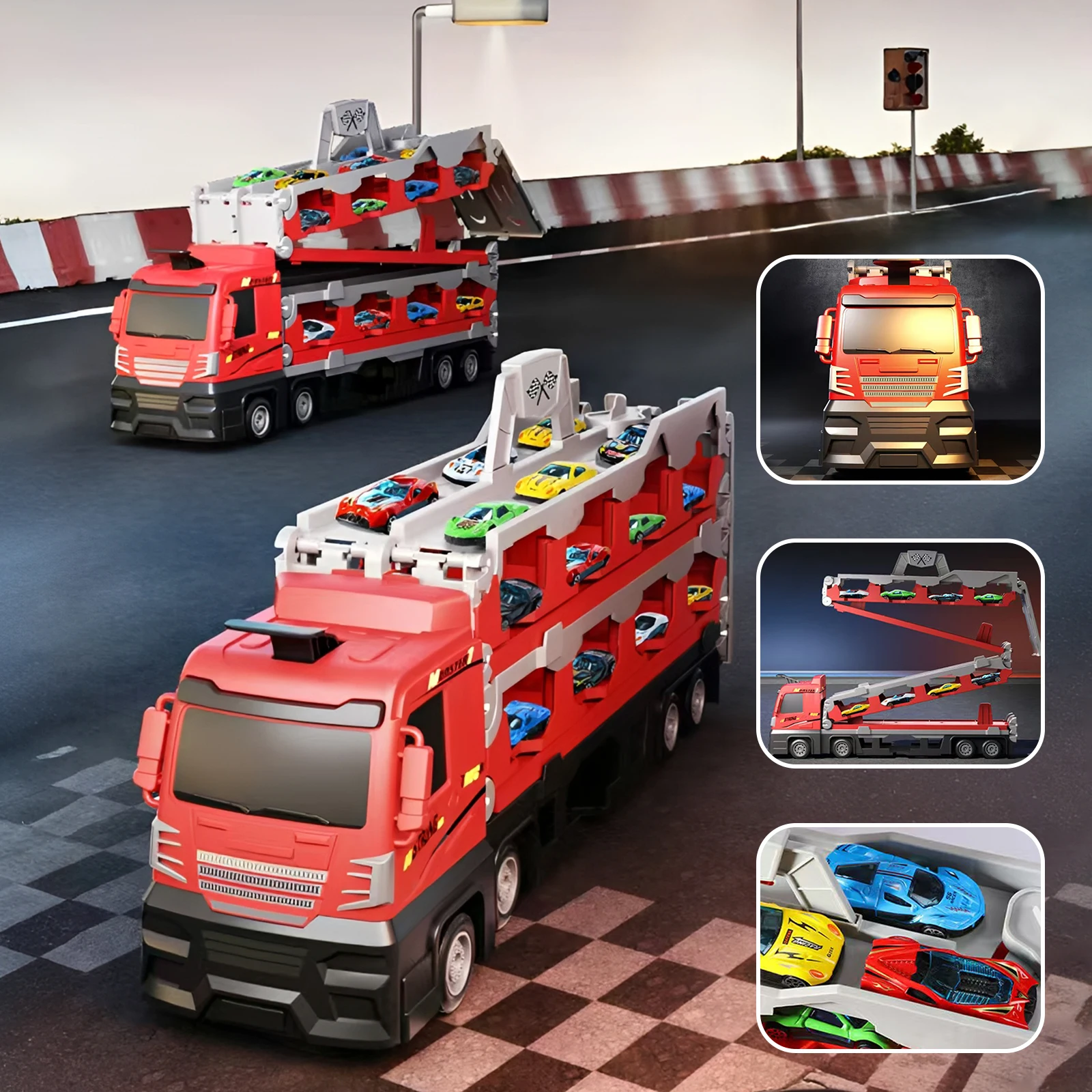 

Carrier Vehicles Toys Set with 24 Race Cars Carrier Vehicles Track Toys Folding Ejection Race Track for 3-8+ Years Old Boys & Girls