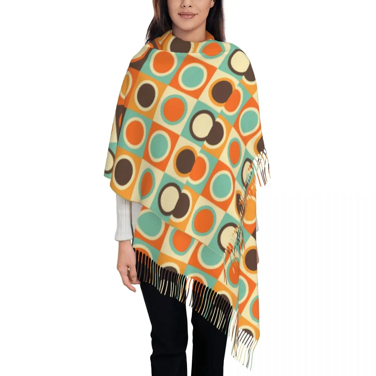 

Mid Century Modern Circles Scarf Wrap for Women Long Winter Warm Tassel Shawl Unisex Modern Geometric Scarves