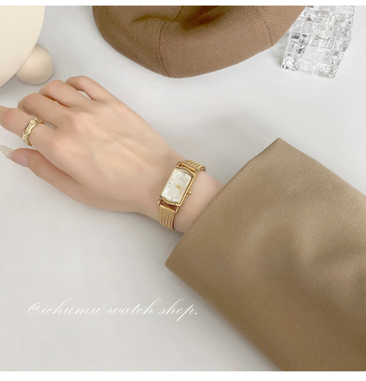 Women’s Gold Watch Vintage Bracelet Rectangular Roman Dial Water Spr resistant Rectangular Acetate Link Watch, Mother of Pearl | Anne Klein main image 3