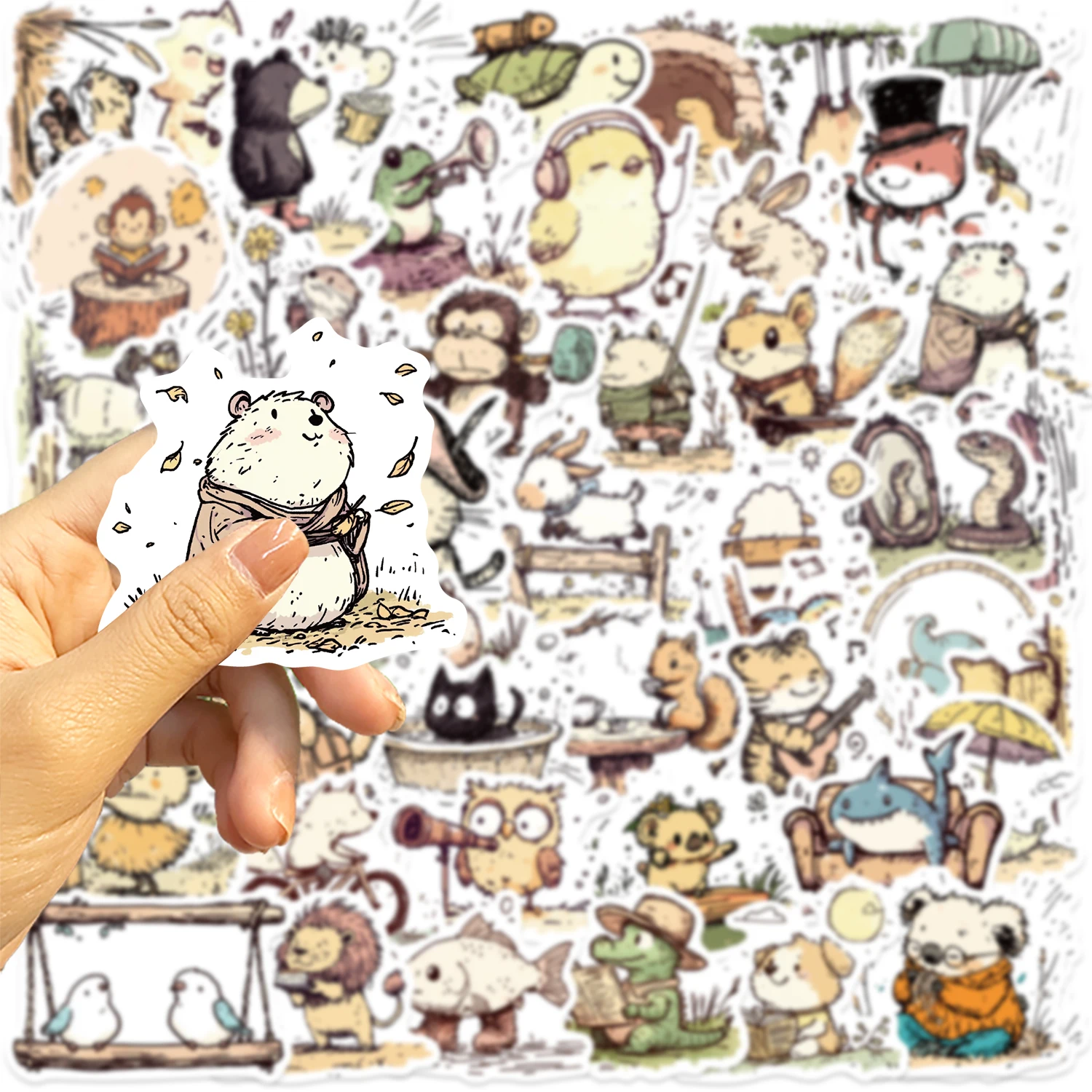 50PCS Nostalgic Style Cute Hand Drawn Animals Fun Daily Sticker Waterproof PVC DIY Cup Laptop Guitar Luggage Scrapbook DIY Gift