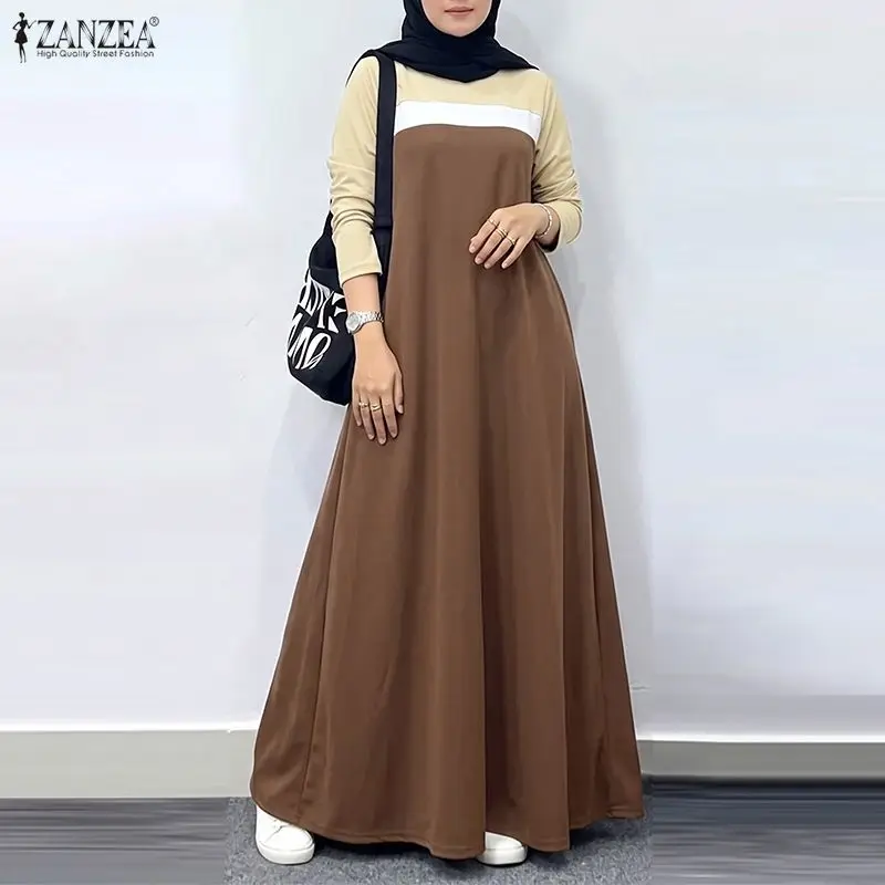 Fashion Muslim Abaya Dress ZANZEA Women Long Sleeve Color Block Patchwork Sundress Kaftan Ramadan Maxi Robe Islamic Clothing