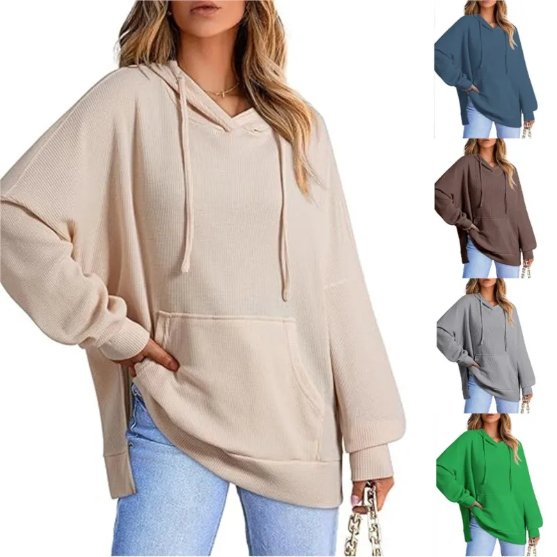 2024 Autumn/Winter New Women's Hoodie Waffle Knitted Side Split Hoodie Sweatshirt with Long Sleeve