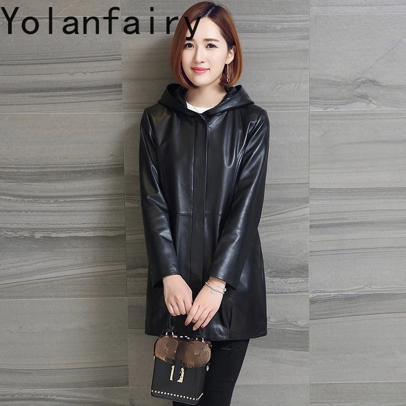 YOLANFAIRY 리얼 양가죽 트렌치코트 여성 가을 겨울 중간 길이 천연 가죽 재킷 여성 후드 윈드브레이커