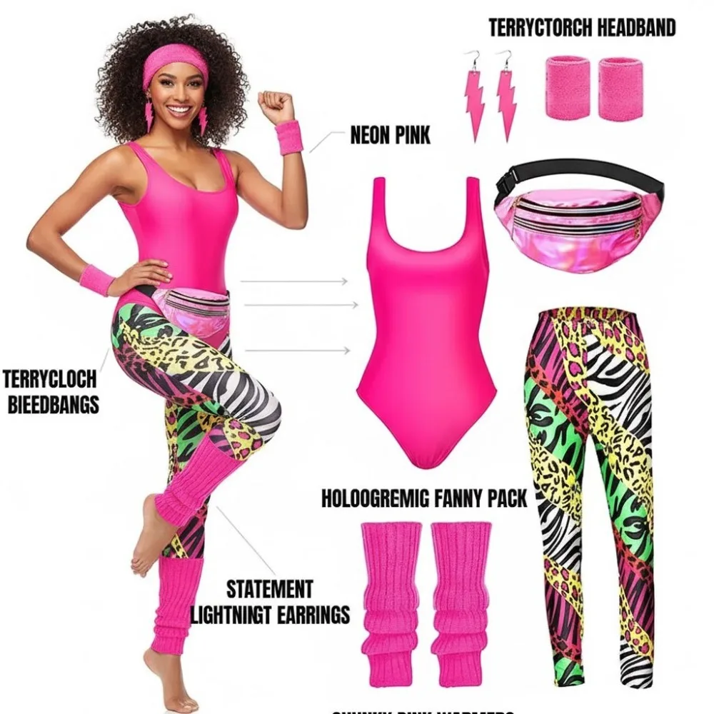 

Retro 80s Theme Party Costume Vest Leggings 7-Piece Set for Halloween Dance Performance