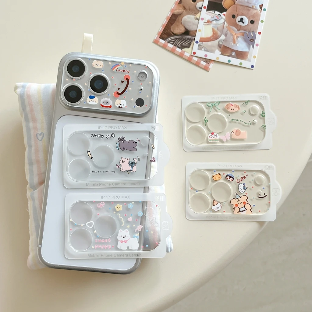 

Fun Cute Puppy Bowknot Stars Animal Series Transparent Lens Cover for iPhone 17 Pro 17 Pro Max Mobile Phone Camera Protectors