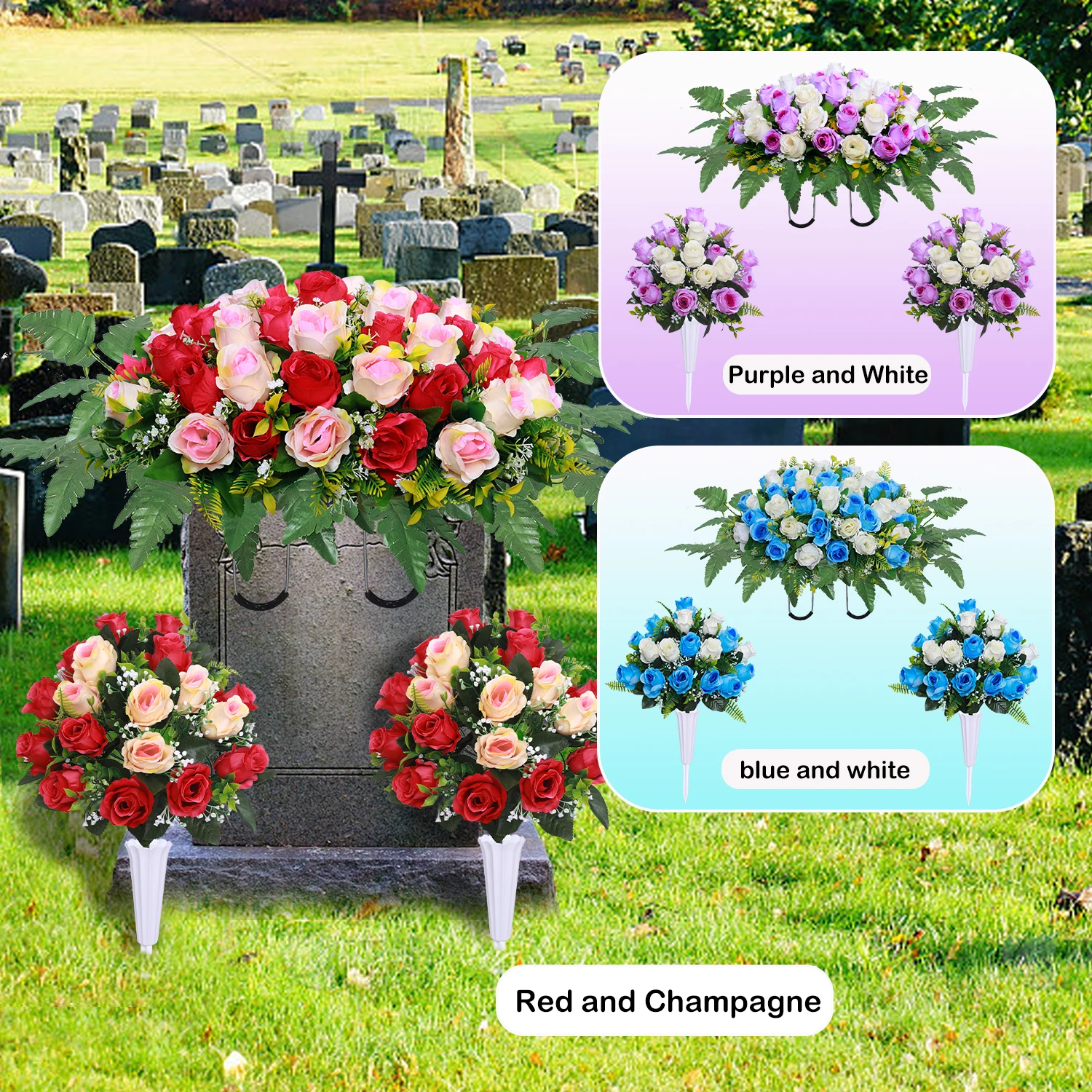 

3Pcs Artificial Cemetery Flowers Set Of Grave Decorations Roses Tombstone Vase 1 Saddle and 2 Memorial Bouquets With Vase
