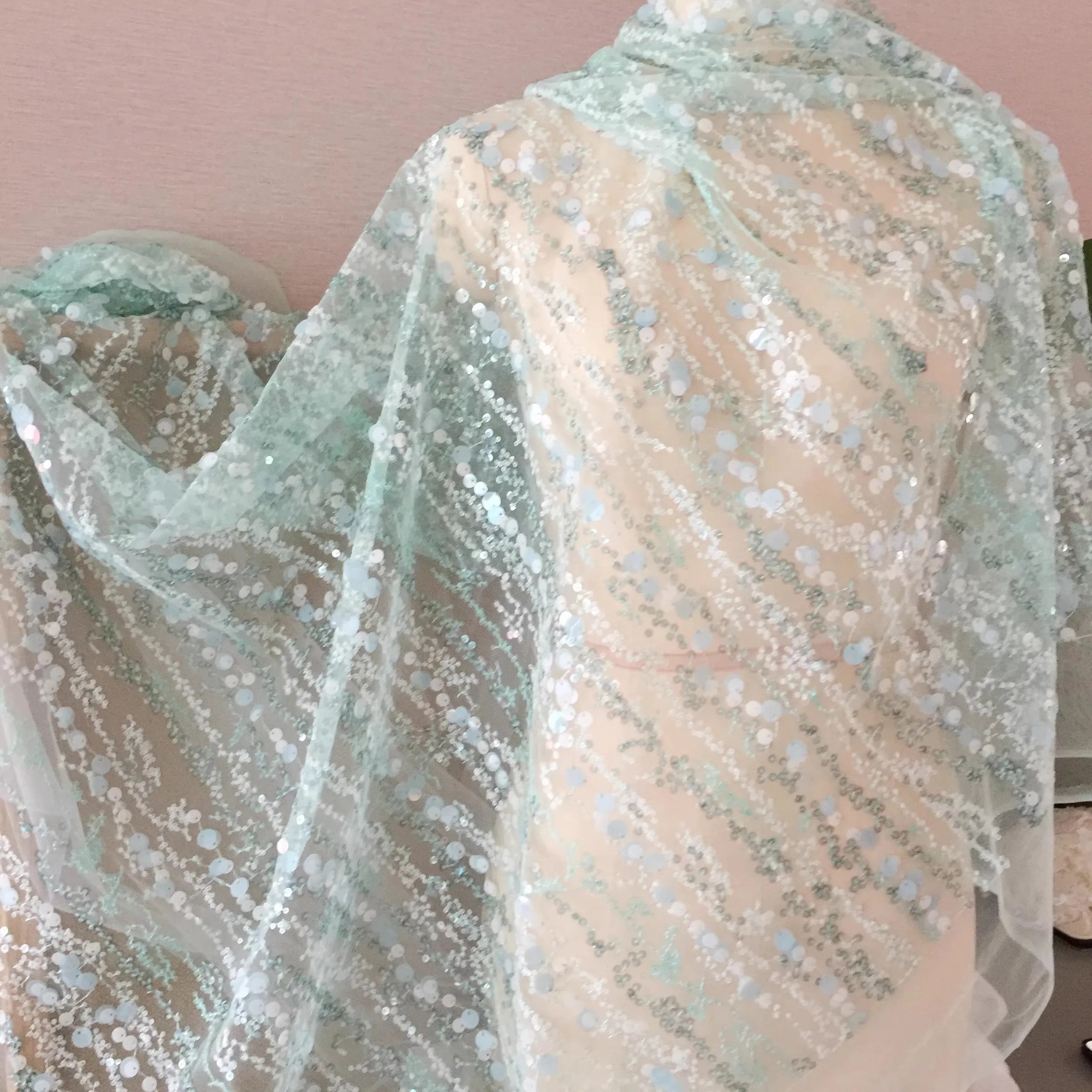 1yard price Fresh Mint Green Glitter Lace Mesh Fabric Wedding Dress Dance Dress Fabric