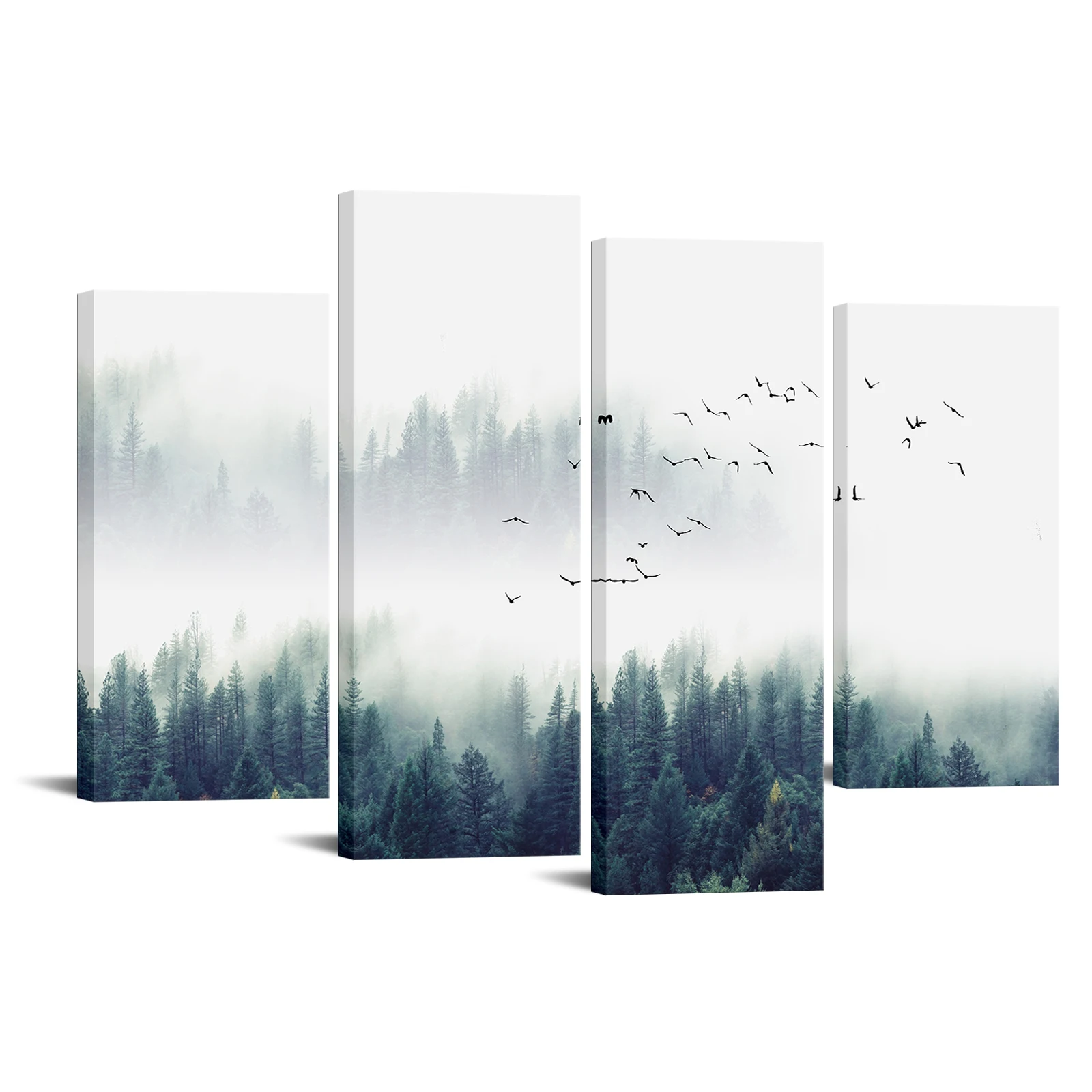 

4 Pieces Foggy Forest Poster Home Decor Flying Birds Print Canvas Painting Modern Style Picture Living Room Wall Art