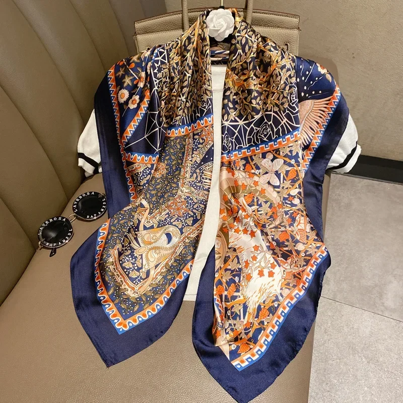 軽い高級90シルクスカーフ黒と白のストライプを模倣プリント大きな正方形ショール新年ギフト