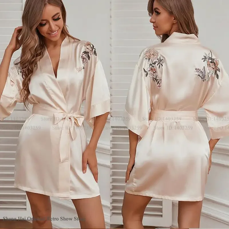 Embroidery Robe Half Sleeve Kimono Bathrobe Gown Summer New Satin Sleepwear Nightgown Loose Casual Home Dressing Gown Loungewear