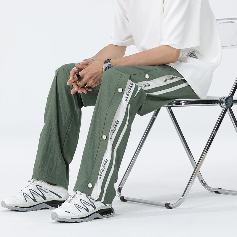 Summer Men Casual Pants Thin New Fashion Side Strips Buttoned Sweatpants Loose Quick-drying Male Ice Silk Jogging Male Trousers