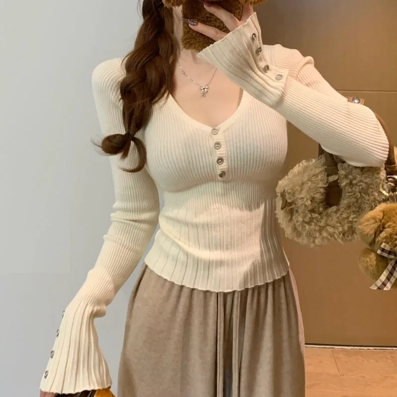 여성 의류 니트 스웨터 여성 풀오버 신상 슬림 블랙 긴팔 브이넥 니트 스웨터 풀오버 여성 상의 스웨터 Q2562