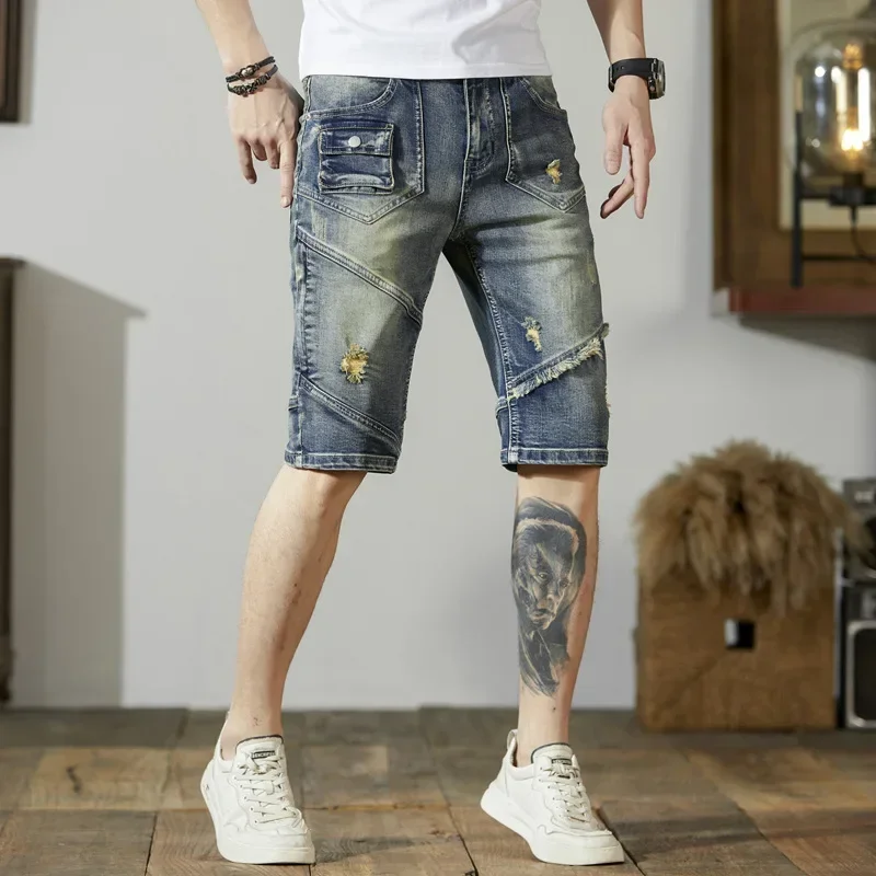 Summer Jeans Shorts Men's Denim Short Straight Cargo Pants Perforated patchwork motorcycle personalized slim fit elastic capris