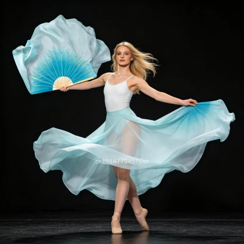 100% Silk Fans Bamboo Handle Turquoise Gradient Color Belly Dance Prop Accessory Double Side Extra Short Silk Flowy Fan 86cm 1PC