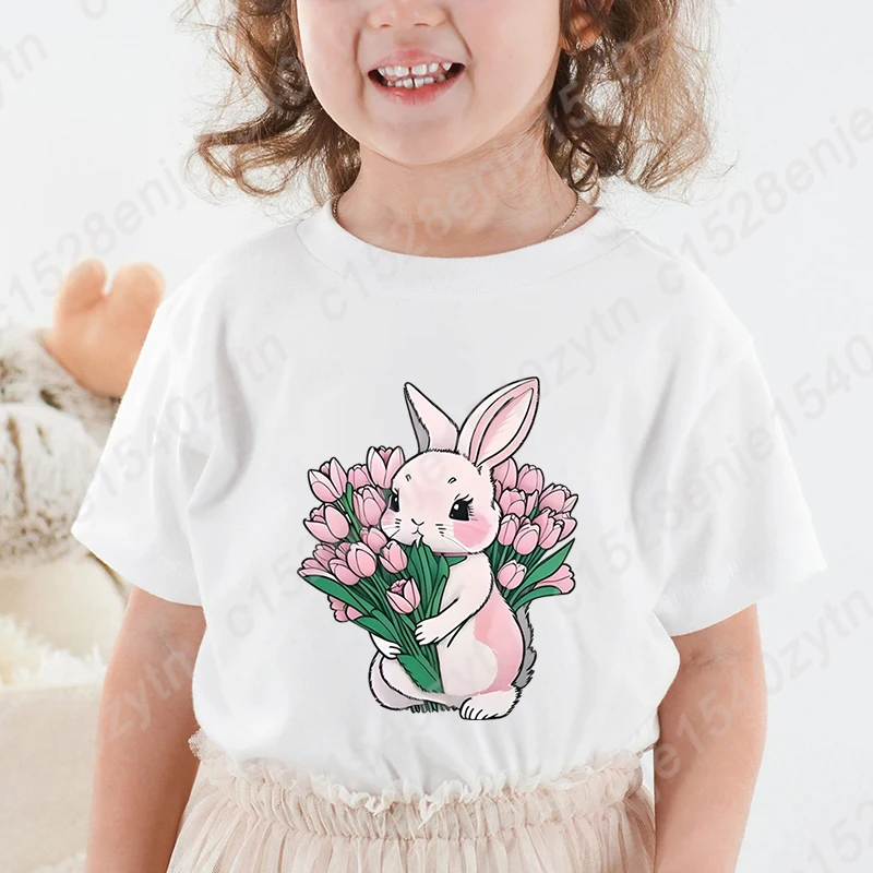 Cute Rabbit Flower Print T-shirt Summer Casual Short Sleeve Round Neck T-Shirt Fashion Children Girls Solid Color Tops Soft Tees