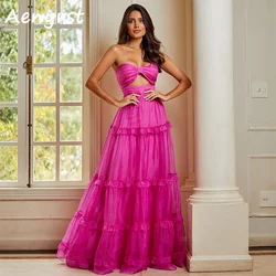 Aenryst Simple Sweetheart A Line Prom Dresses Ruffles Pleated Organza Evening Dress Rose Red Floor Length Formal Occasion Gowns