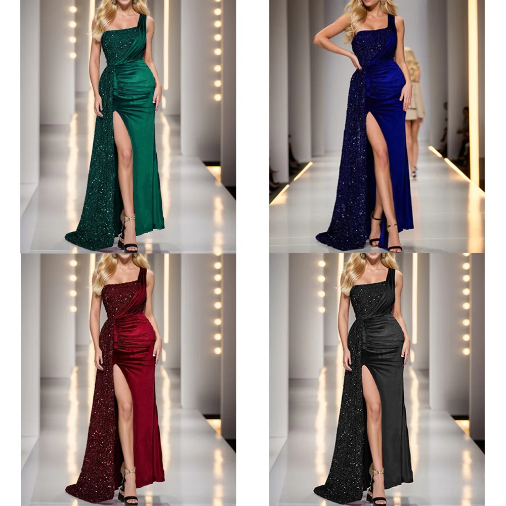 

Fmxires Wine Sequin Evening Dress Elegant Women One Shoulder Draped Split Wedding Party Prom Dresses Bridesmaid Wine Long Gown