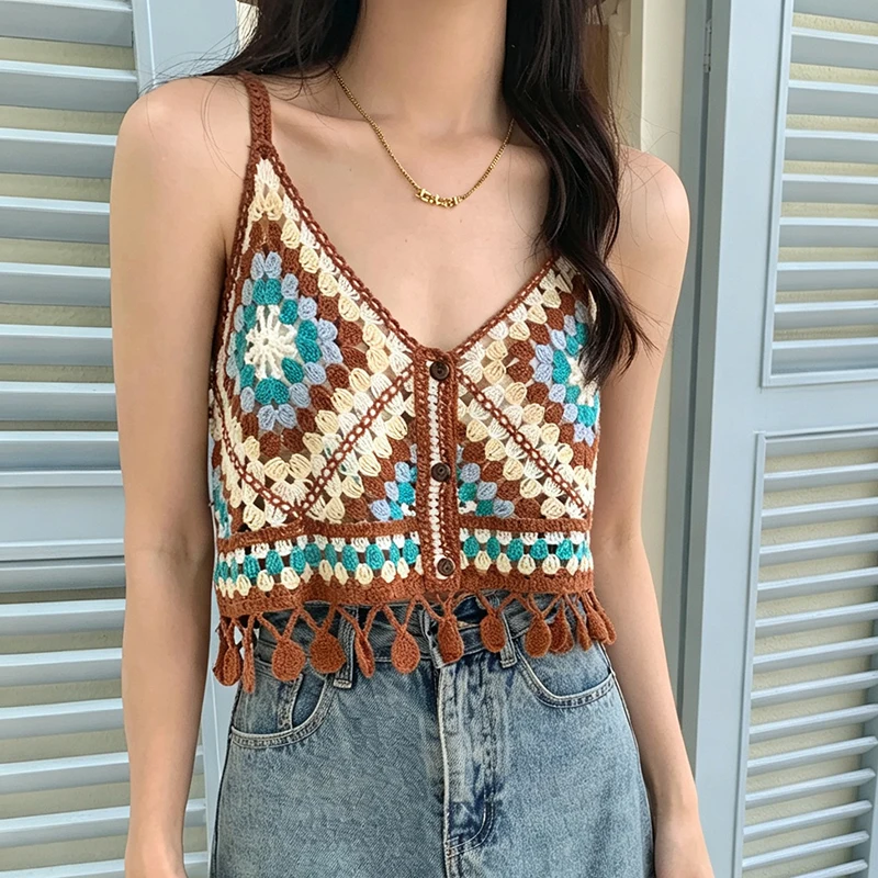 Women Boho Granny Square Crochet Cami Top Button Front Hollow Out Tassel Cropped Strap Tank Top Vintage Knit Camisole