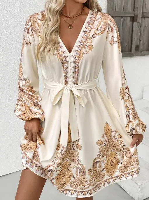 

Women's Dress New Fashion Retro Baroque Style Printed V-Neck Lace Up Waist Cinched Lantern Sleeve Design Casual A-Line Dress