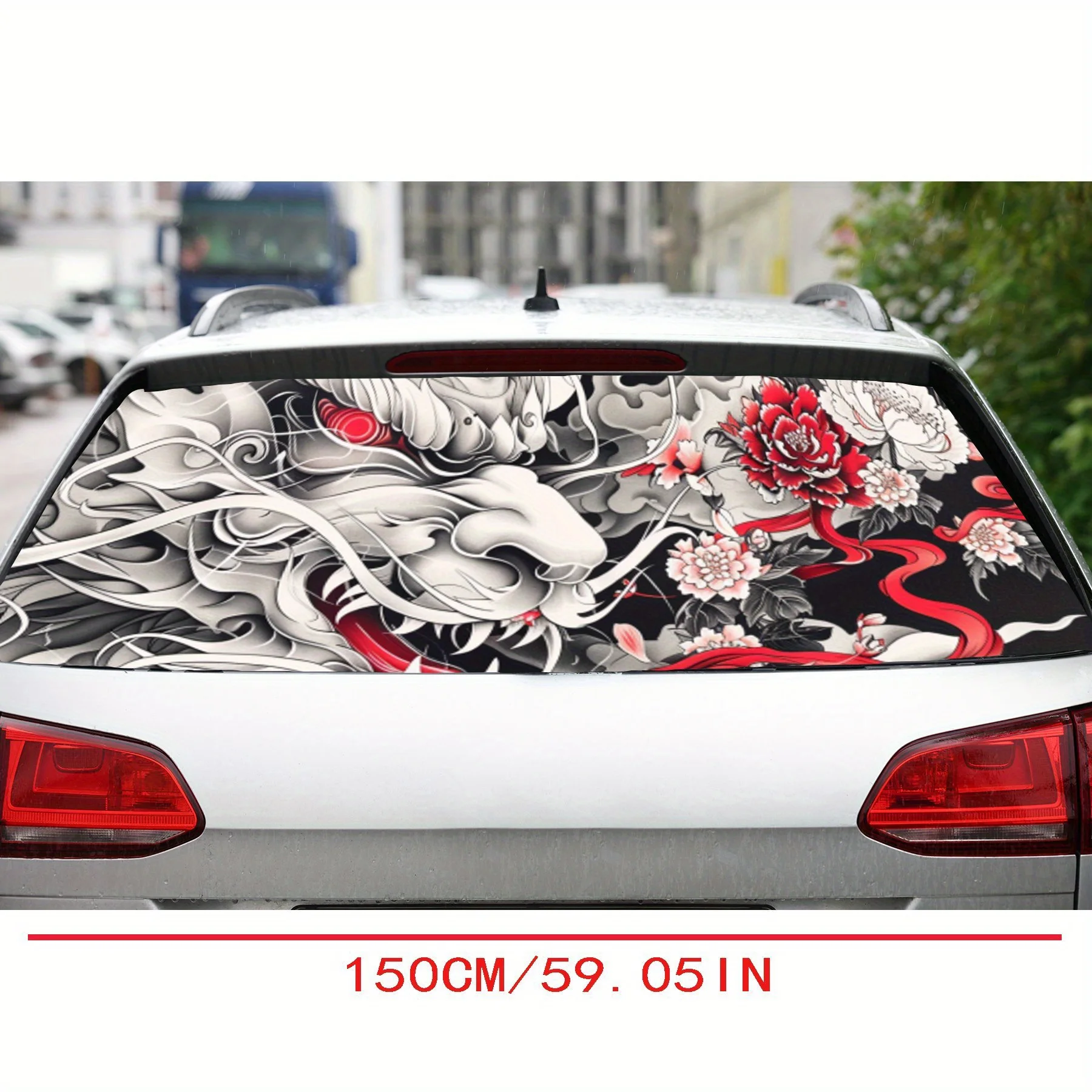 Dominant Dragon and Peony PVC Perforated Car Vinyl Wraps, Privacy Enhancing Design for Rear Window, Car Rear Windshield Sticker