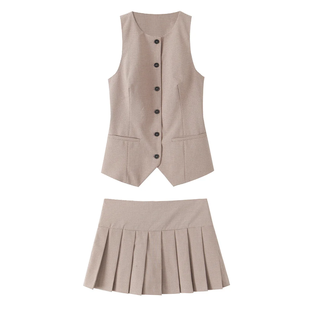 

PB&ZA2025 Stylish Women's Ensemble Sleeveless Buttoned Vest with Pockets Paired with Pleated Mini Skirt
