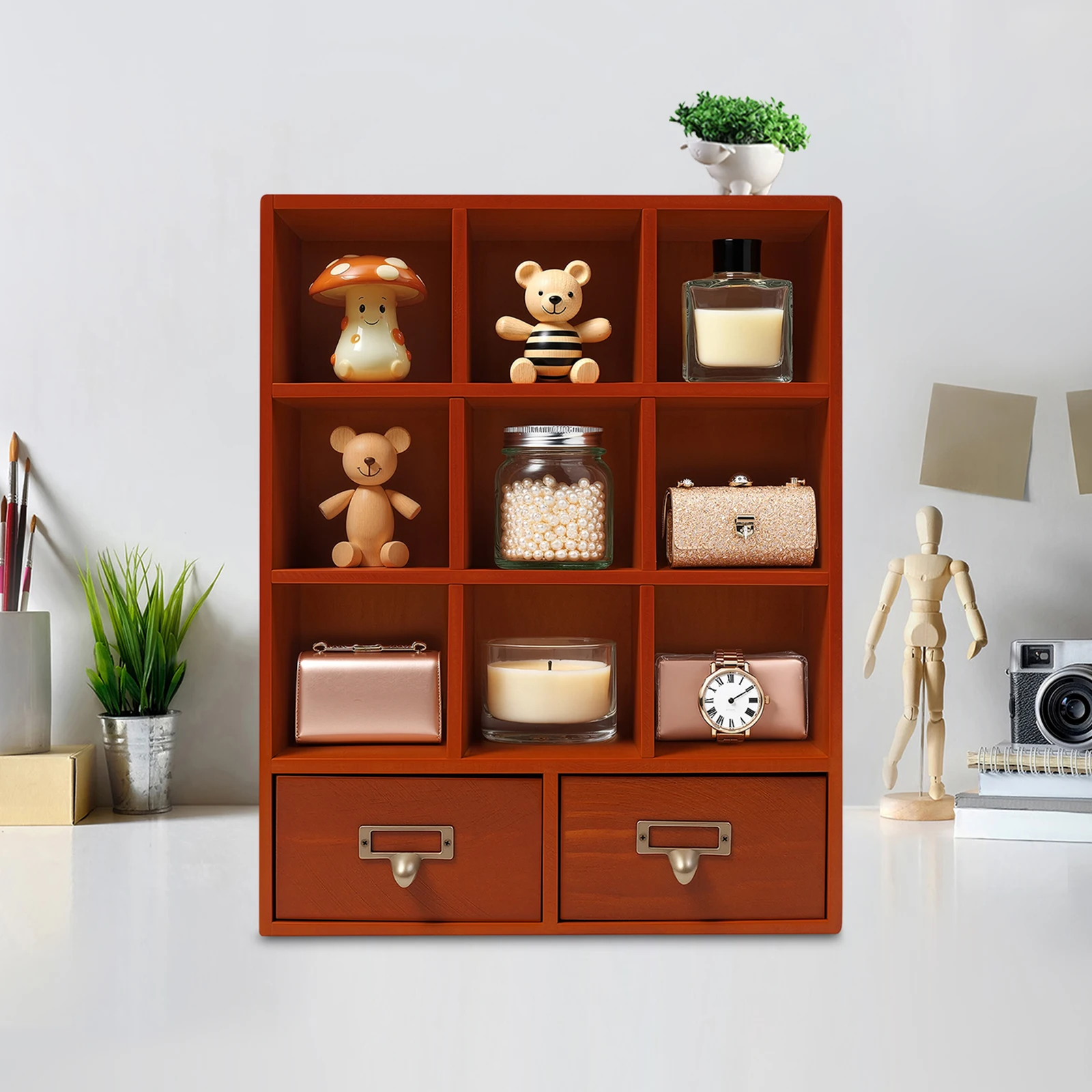 Wooden Storage Divider Box Showcase Display Box Organization Tabletop Box with 9 Compartments and 2 Drawers for Home Storage