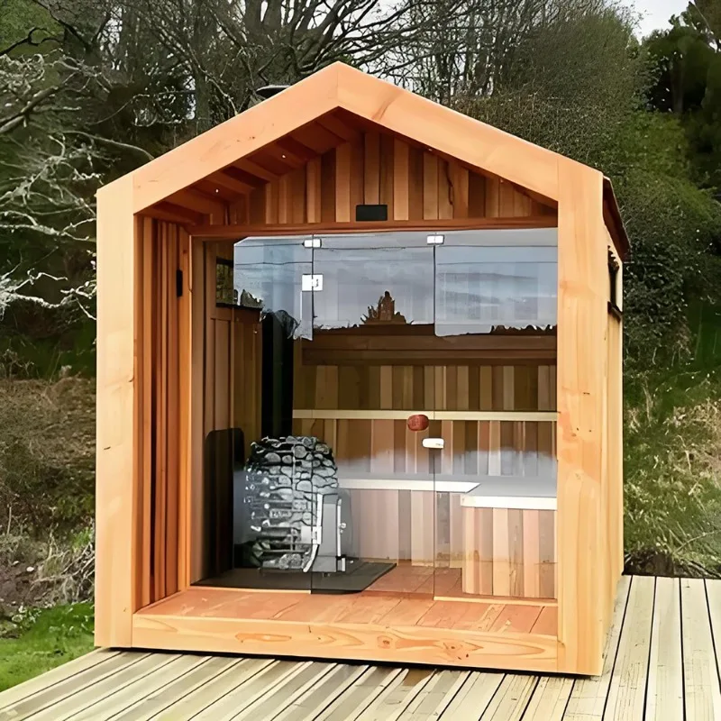 Traditional 2-Person Dry Barrel Sauna Room Solid Red Cedar Wood Finnish Outdoor Garden Cube Design for Park Sauna Rooms