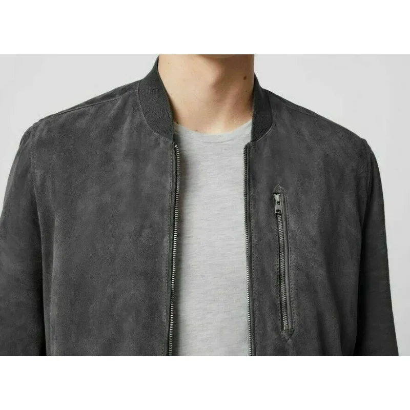 Biker Jacket Men Genuine Lambskin Suede Leather Ribbed Bomber Grey Jacket