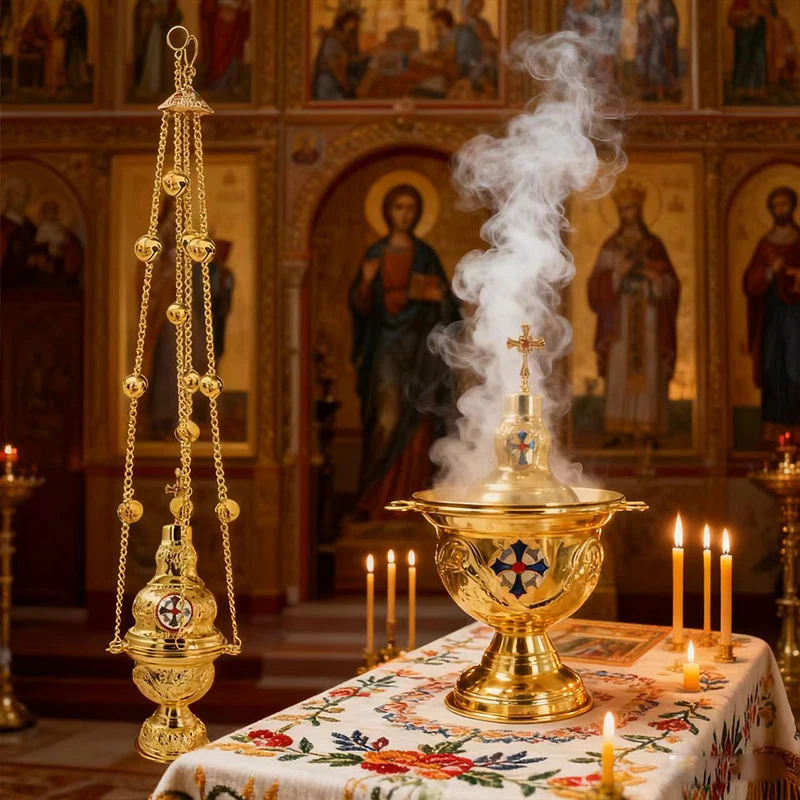HTISOK New Incense Burner Orthodox Church Mass Liturgical Censer Articles Wall Hanging 12 Bells Gold Plating rosarios religiosos