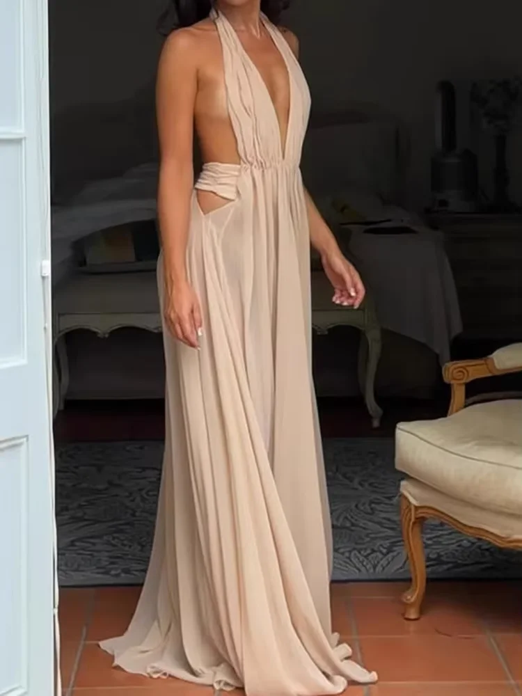 Sleeveless Spring Summer Holiday Maxi Dress, Women O Neck Fashion Chic Party Dress, 2025 Sexy Hollow Out Patchwork Ladies Dress