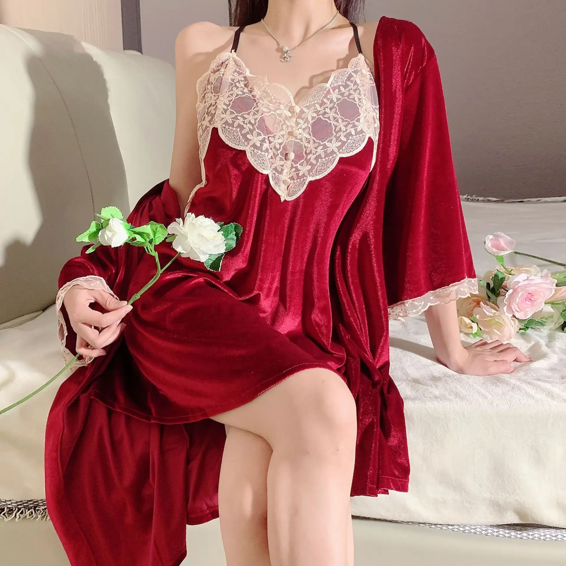 New golden velvet pajamas female sexy warm sling nightgown small red book with the same paragraph homewear