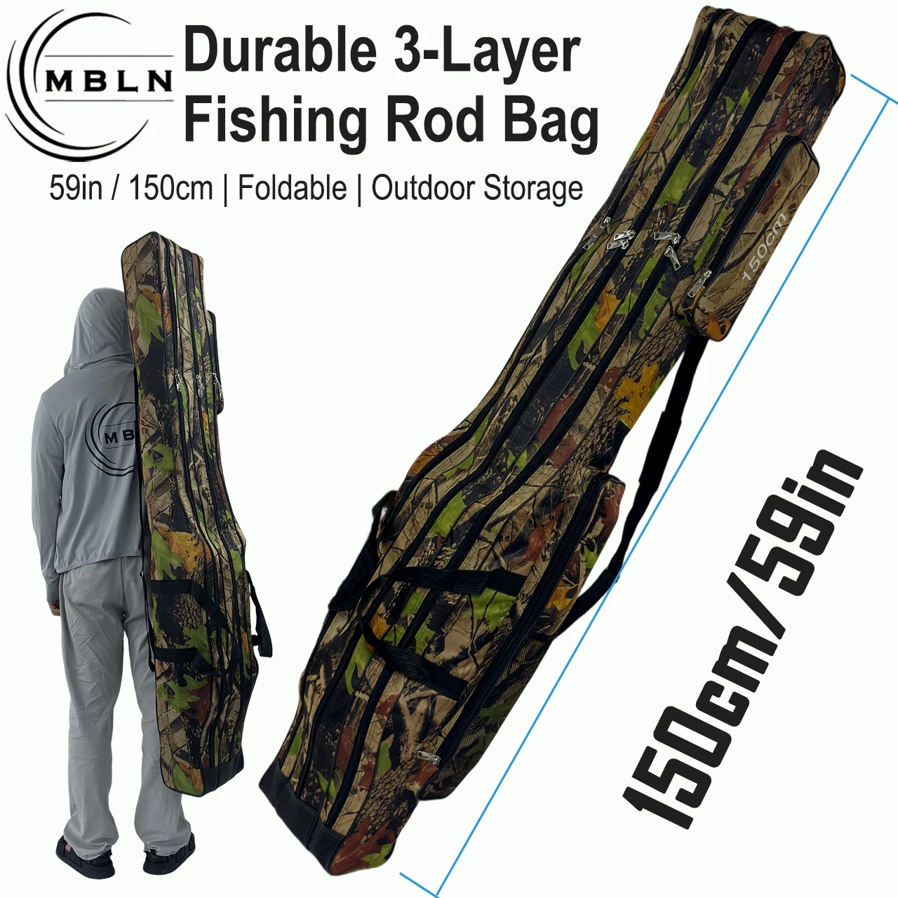 1pc 1.5m Foldable Fishing Rod Bag,Tree Camo,3-Layer with 2 Side Pockets,Metal Zipper,Backpack/Shoulder/Hand Carry Tackle Storage