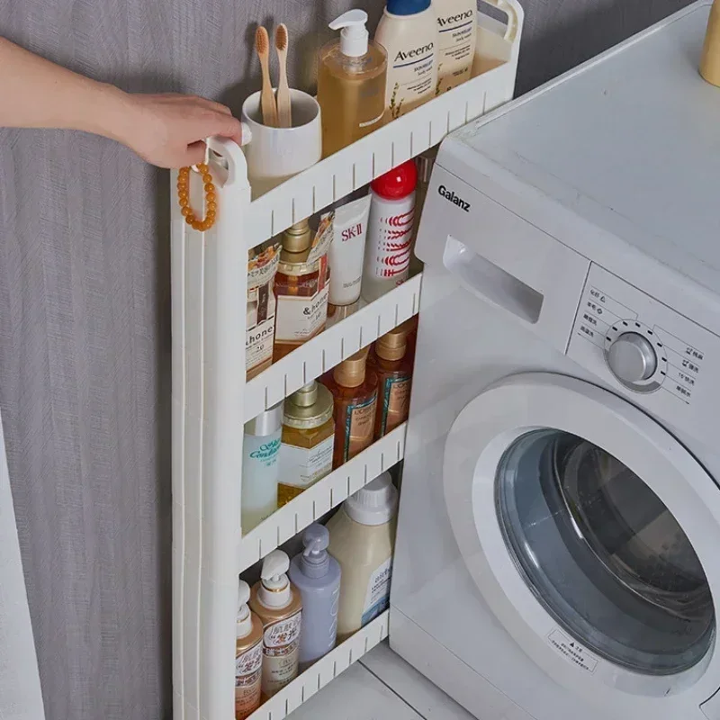 Narrow Movable Seam Storage Trolley with Rollers Multi-Size Kitchen Organizer Cart Bathroom Shelf Toilet Storage Rack