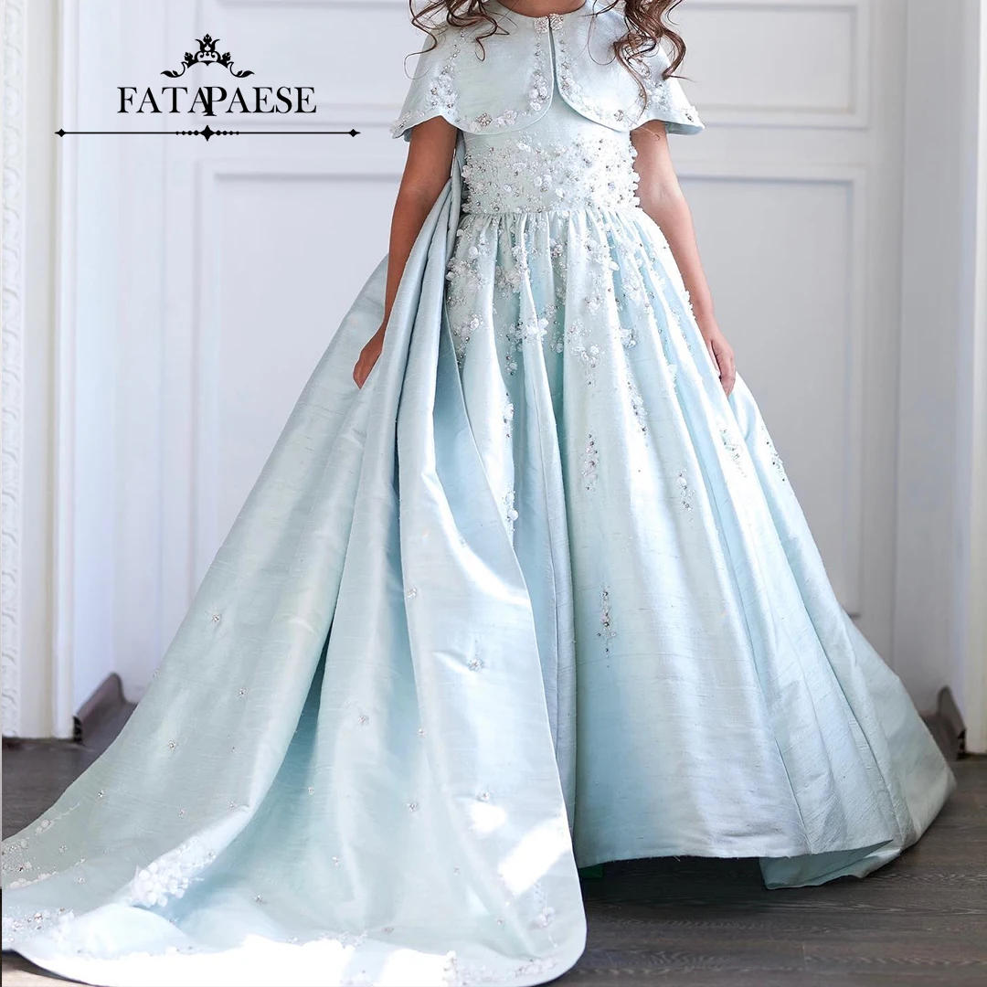 FATAPAESE Customized Wedding Gown for Kid Girl Cape Sleeve Ball Gown Accompanied with a Handmade Embroidered Train Babycouture