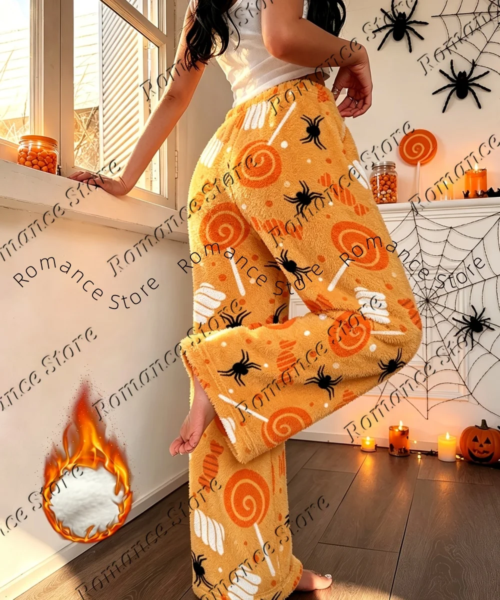 Halloween Themed Women Fuzzy Lounge Pants Cozy Coral Flannel Spider Candy Print Elastic Waist Casual Sleep Home Wear Trousers