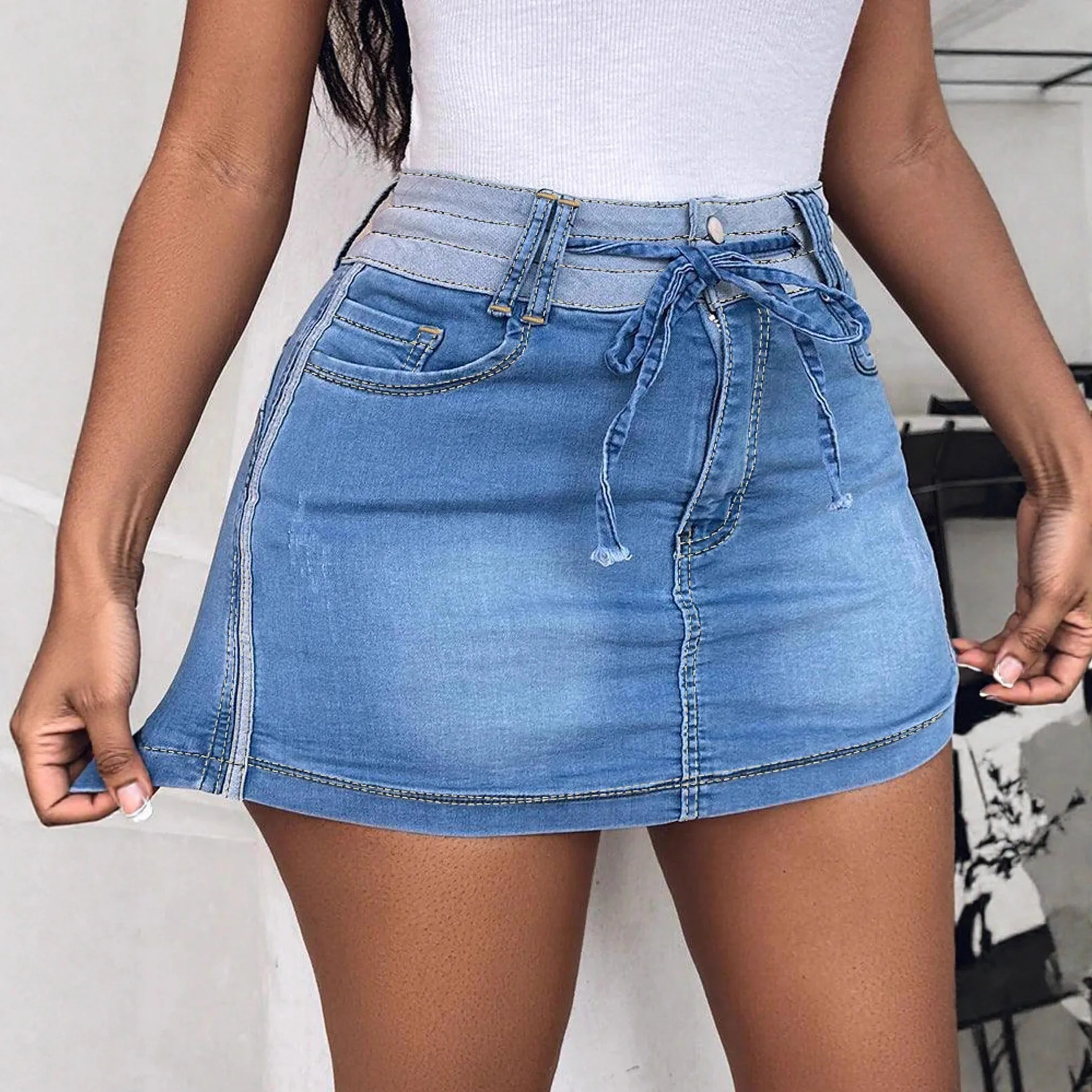 Culottes Skirts Women Denim Short Skirt A Line Slim Fit Hip Wrap Lace Up Elegant Splice Y2k Streetwear Work Sexy Beach Spring