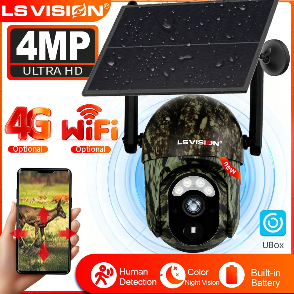 

LS VISION 4G SIM Solar Trail Camera 2K Outdoor WiFi Hunting Wildlife Camera Auto Tracking PIR Detection Color Night Vision UBOX