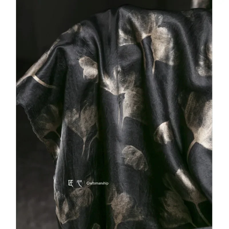 Heavy Black Gold Apricot Leaf 100% Acetate Fabric Cheongsam Wide Leg Pants Cardigan Dress Clothing Designer Fabric