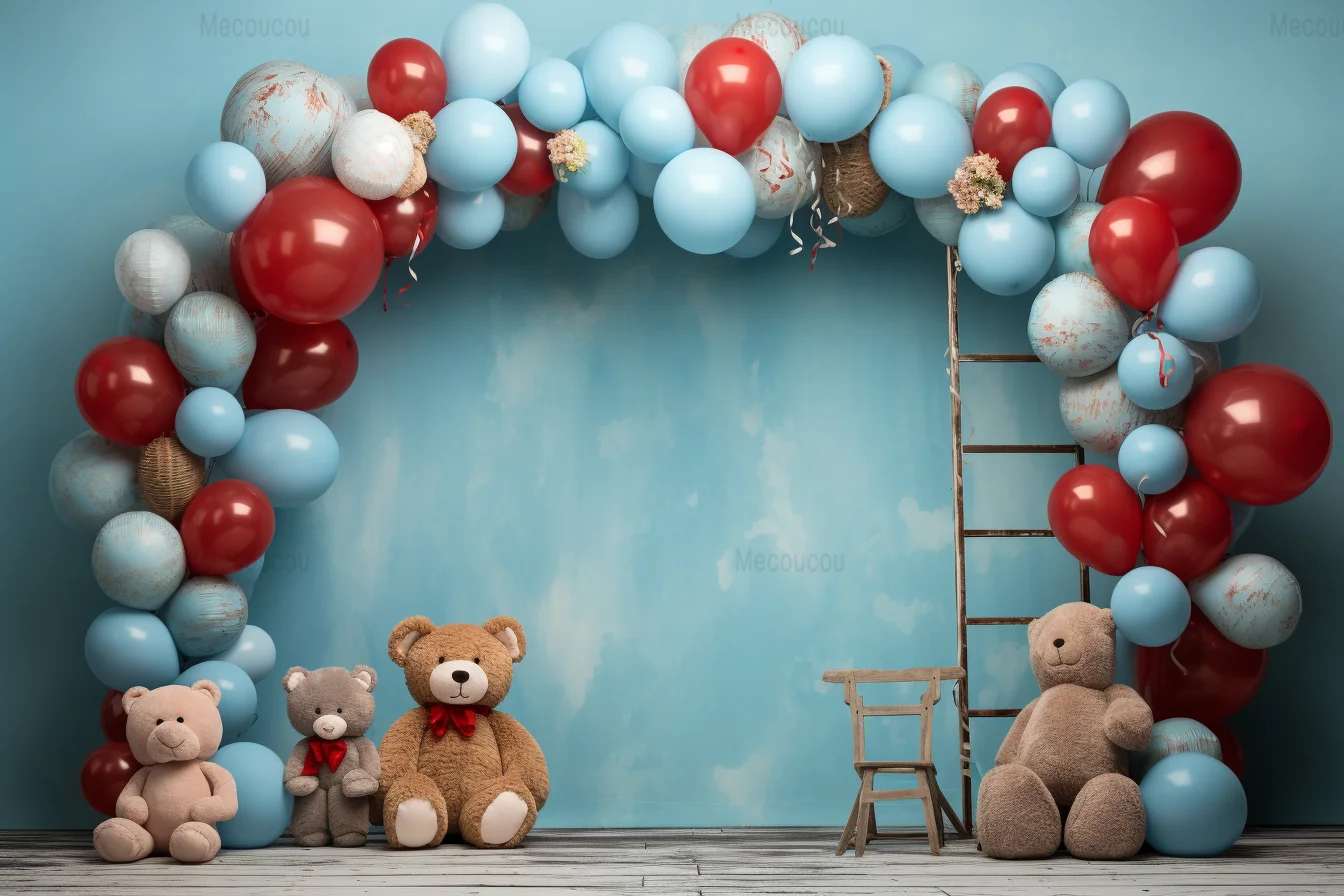 Bear Background Blue Balloon Cute Bear Boy Child Happy Birthday Party Photography Background Custom Photo Decoration Cake Table