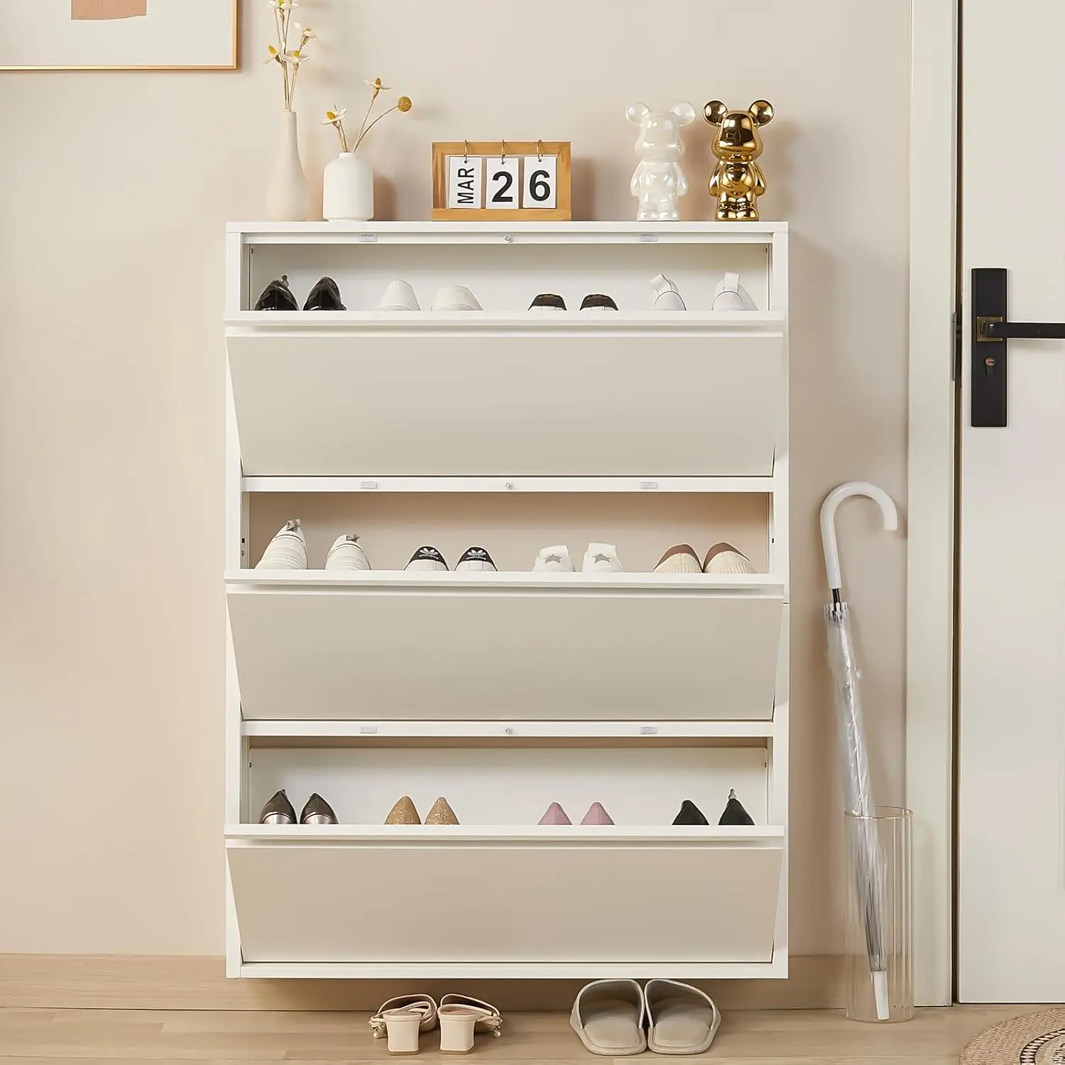 

Shoe Organizer Cabinet for Entryway - White Shoe Cabinet with 3 Flip Drawers, Narrow Shoe Cabinet for Hallways, Apartments