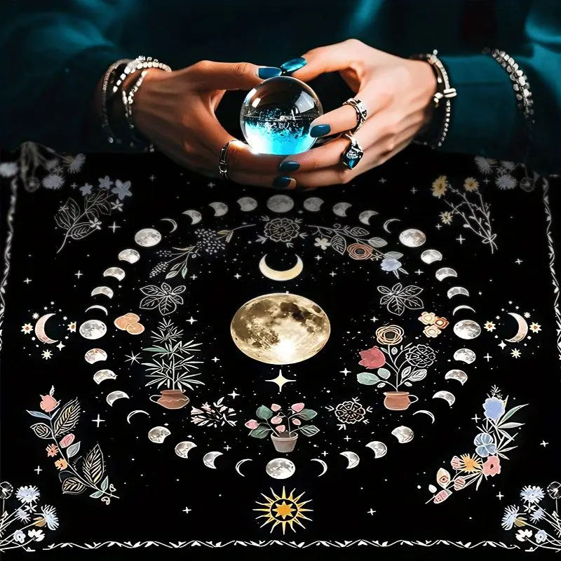 VIKAMA Retro Moon Phase Wreath Flower Tarot Tablecloth Ceremony Tarot Cards Divination Table Mat Card deduction