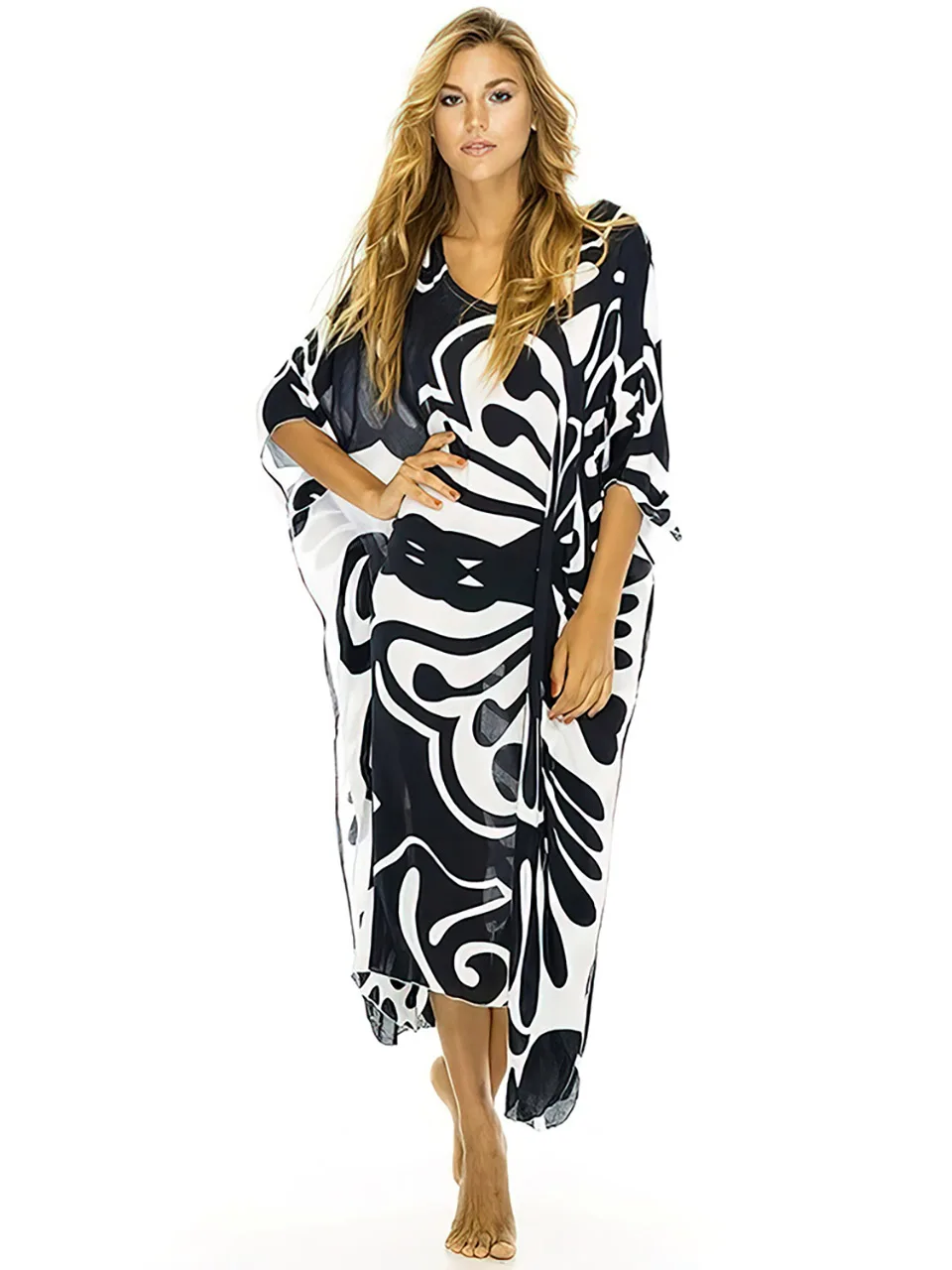 

Elegant Butterfly Printed Long Kaftan Beach Cover Up Robe Sexy Dolman Sleeves Maxi Dress 2023 Summer Outing Beachwear Cover-ups