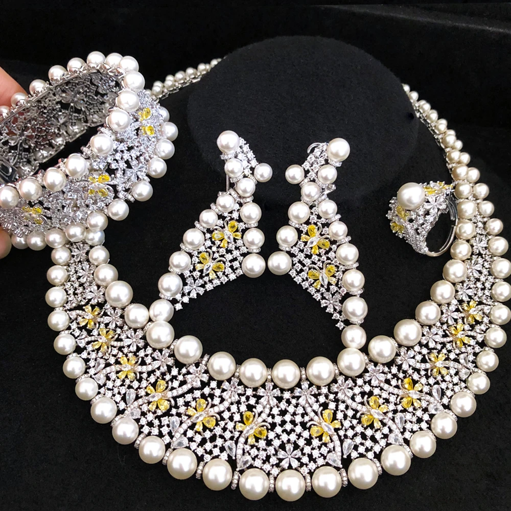 

Missvikki New Design 4PCS Luxury Pearls Necklace Bangle Earrings Ring For Women Wedding Bridal Jewelry Set Really Shiny