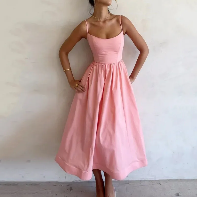 

Women's New 2025 Spring Dress Solid Color Sexy U-neck Waist Pleated Sling Big Swing Dress Vestidos De Mujer